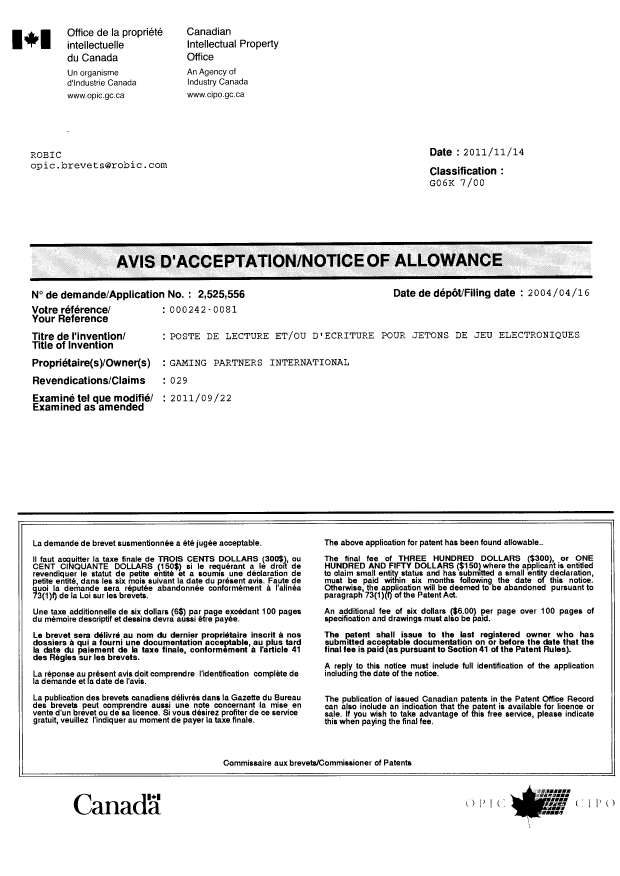 Document de brevet canadien 2525556. Correspondance 20111114. Image 1 de 1