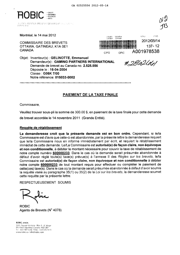 Document de brevet canadien 2525556. Correspondance 20120514. Image 1 de 2