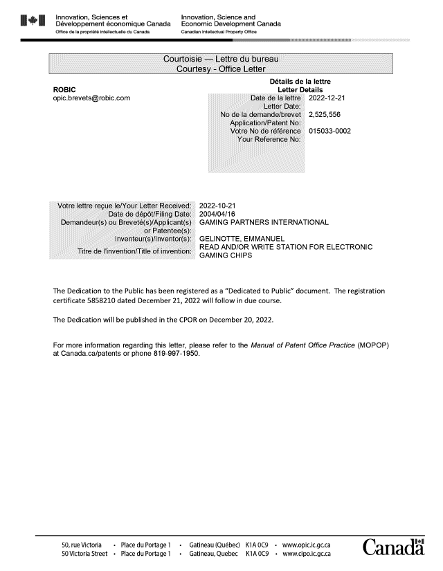 Document de brevet canadien 2525556. Lettre du bureau 20221221. Image 1 de 1
