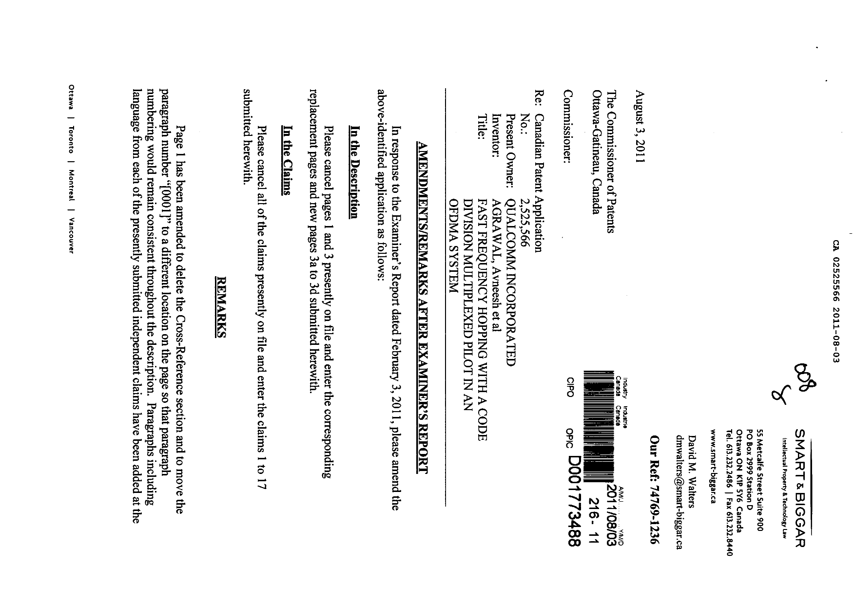 Canadian Patent Document 2525566. Prosecution-Amendment 20110803. Image 1 of 21