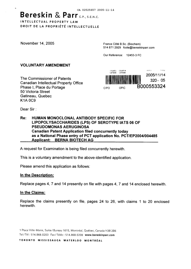 Canadian Patent Document 2525657. Prosecution-Amendment 20051114. Image 1 of 8