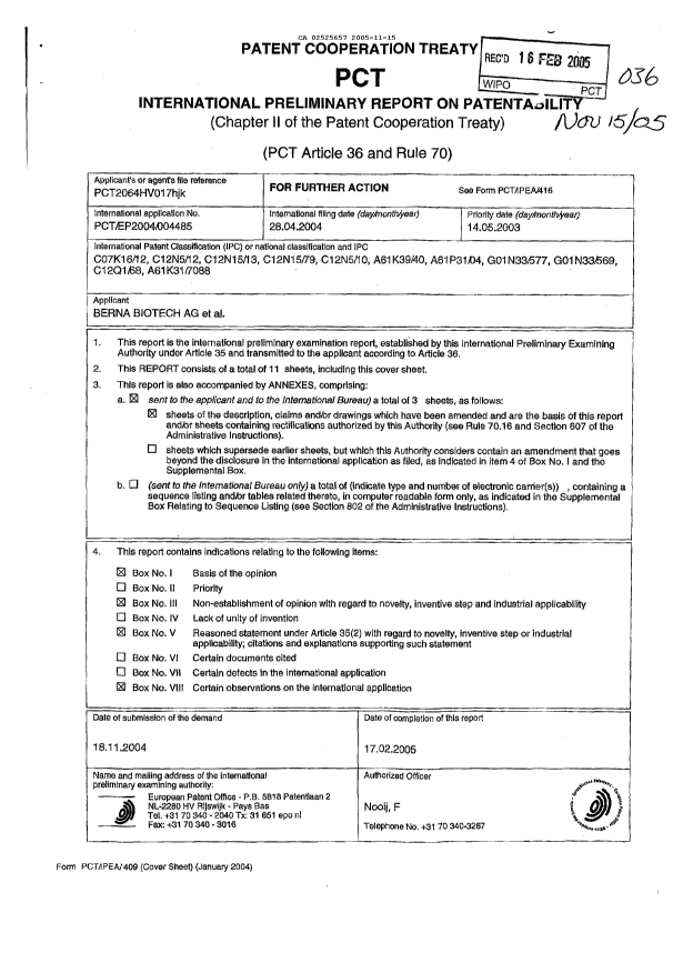 Canadian Patent Document 2525657. PCT 20051115. Image 1 of 14