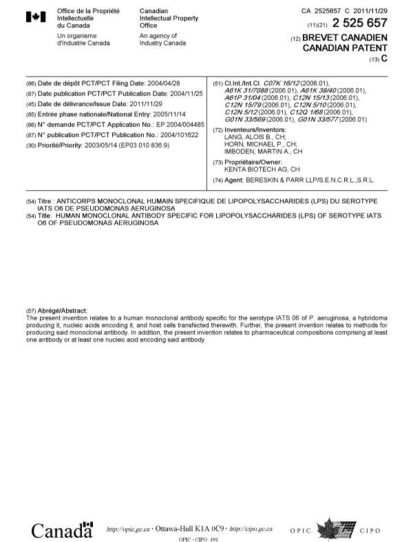 Canadian Patent Document 2525657. Cover Page 20111025. Image 1 of 1