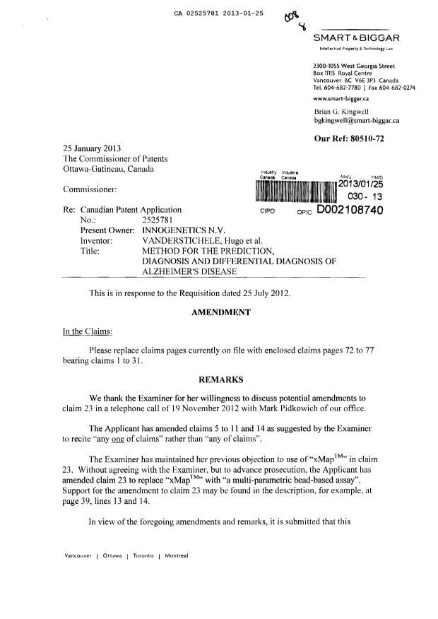 Canadian Patent Document 2525781. Prosecution-Amendment 20130125. Image 1 of 8
