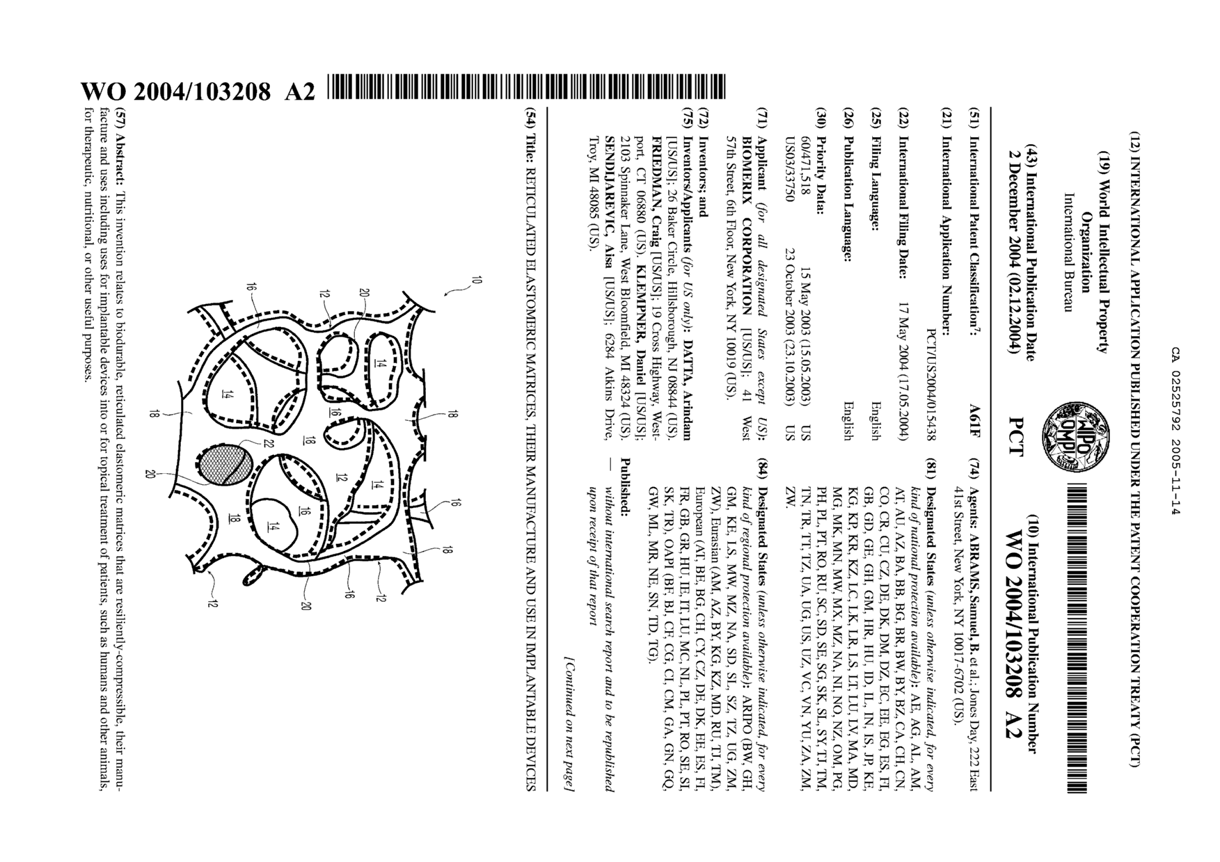 Document de brevet canadien 2525792. Abrégé 20041214. Image 1 de 2