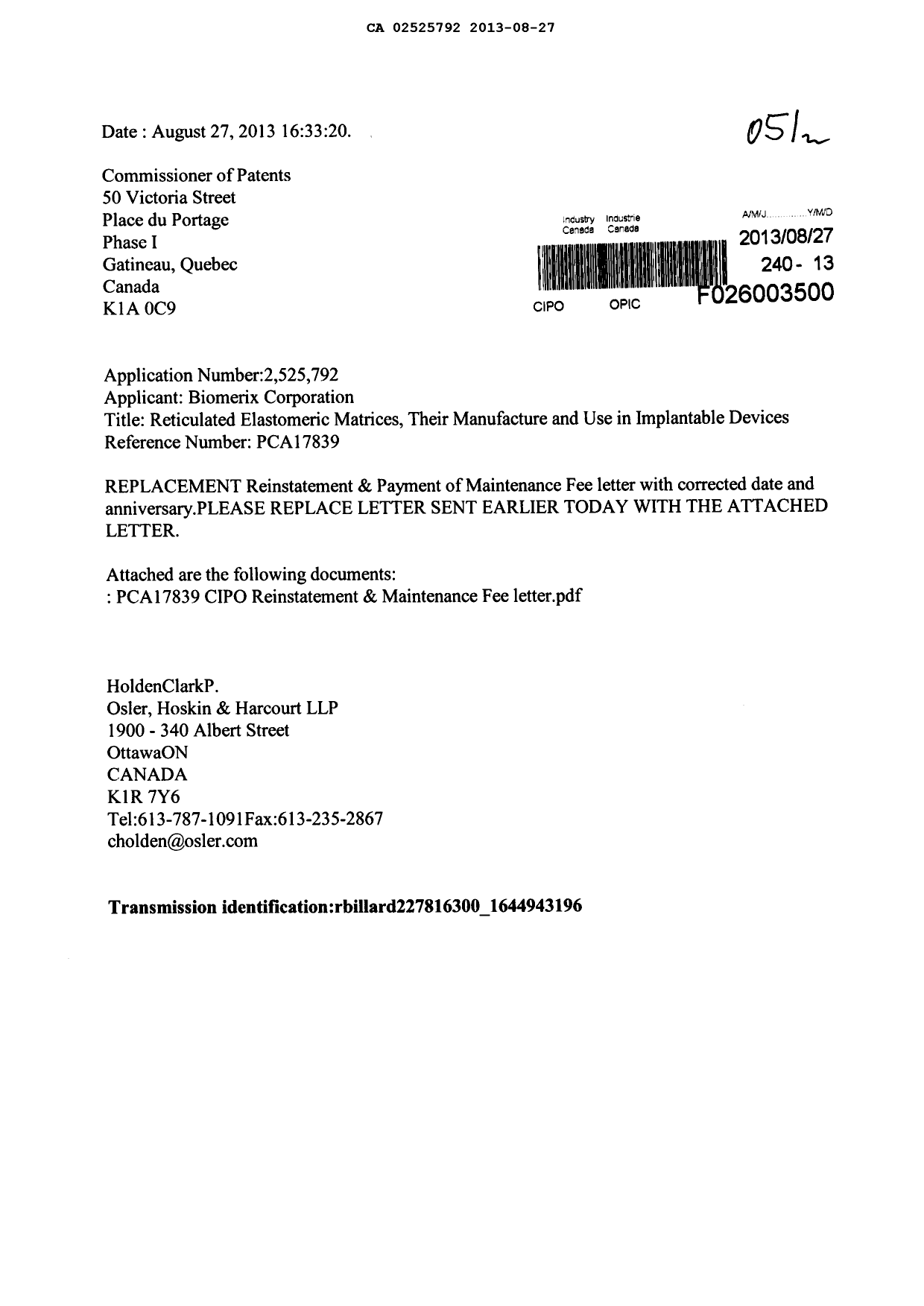 Document de brevet canadien 2525792. Correspondance 20121227. Image 1 de 2