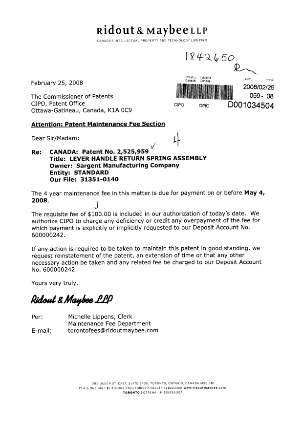 Canadian Patent Document 2525959. Fees 20080225. Image 1 of 1