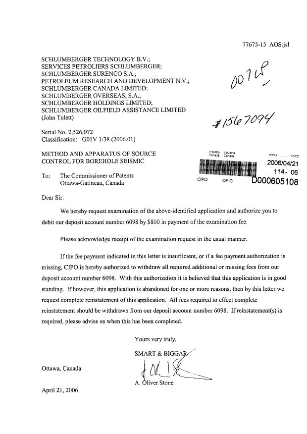 Canadian Patent Document 2526072. Prosecution-Amendment 20060421. Image 1 of 1