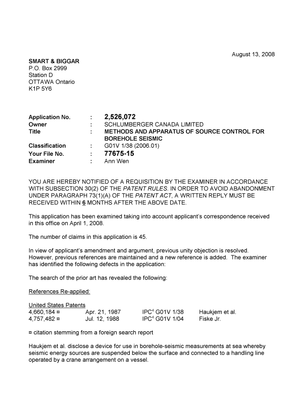 Canadian Patent Document 2526072. Prosecution-Amendment 20080813. Image 1 of 3