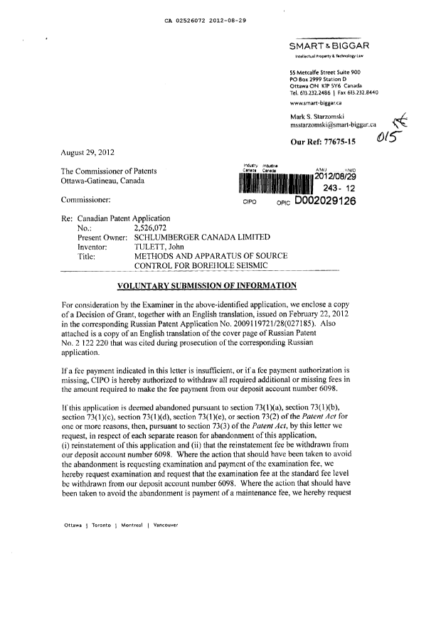 Canadian Patent Document 2526072. Prosecution-Amendment 20120829. Image 1 of 2
