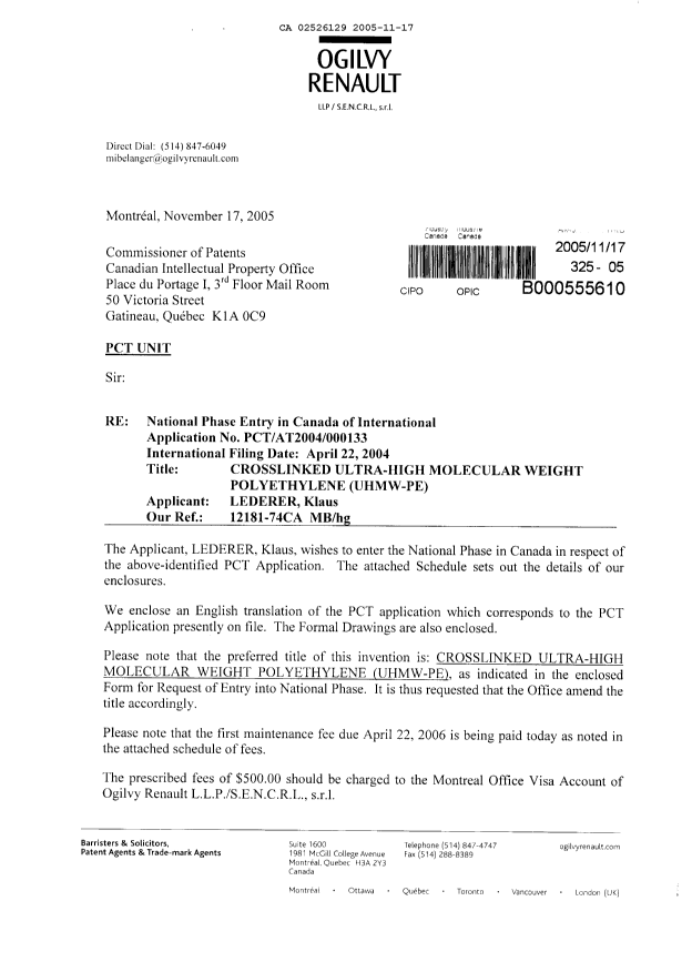 Document de brevet canadien 2526129. Cession 20051117. Image 1 de 4
