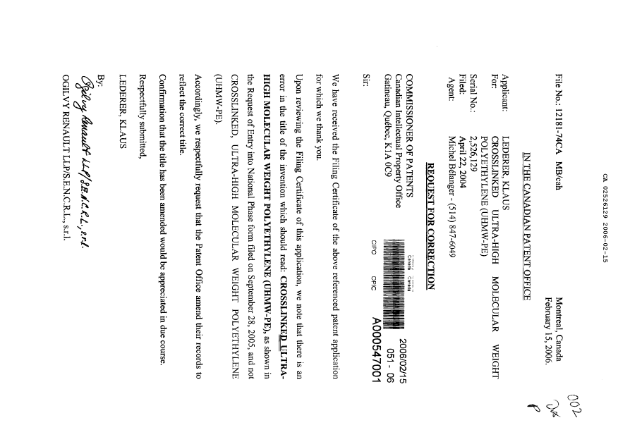 Canadian Patent Document 2526129. Correspondence 20060215. Image 1 of 1