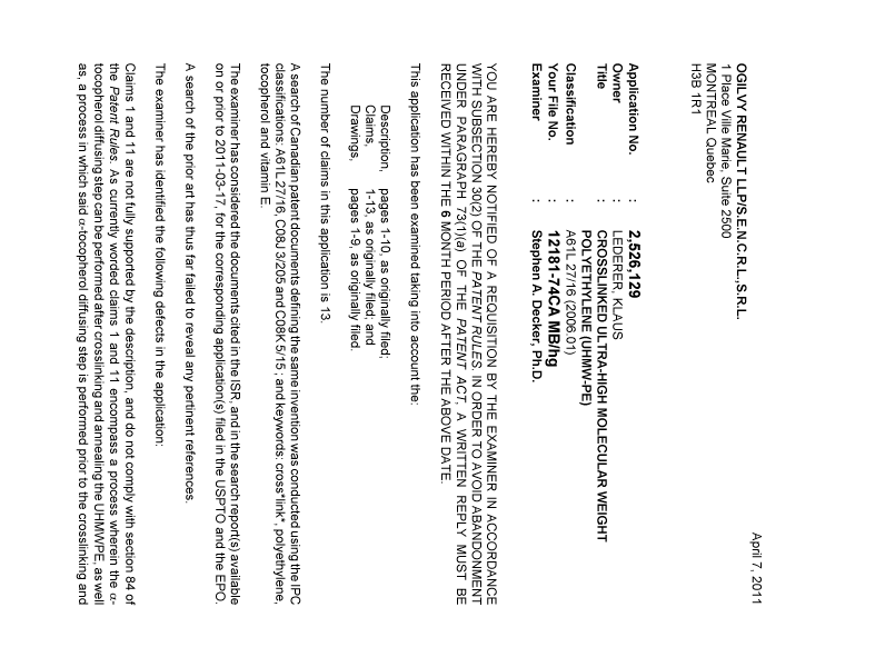 Canadian Patent Document 2526129. Prosecution-Amendment 20110407. Image 1 of 2
