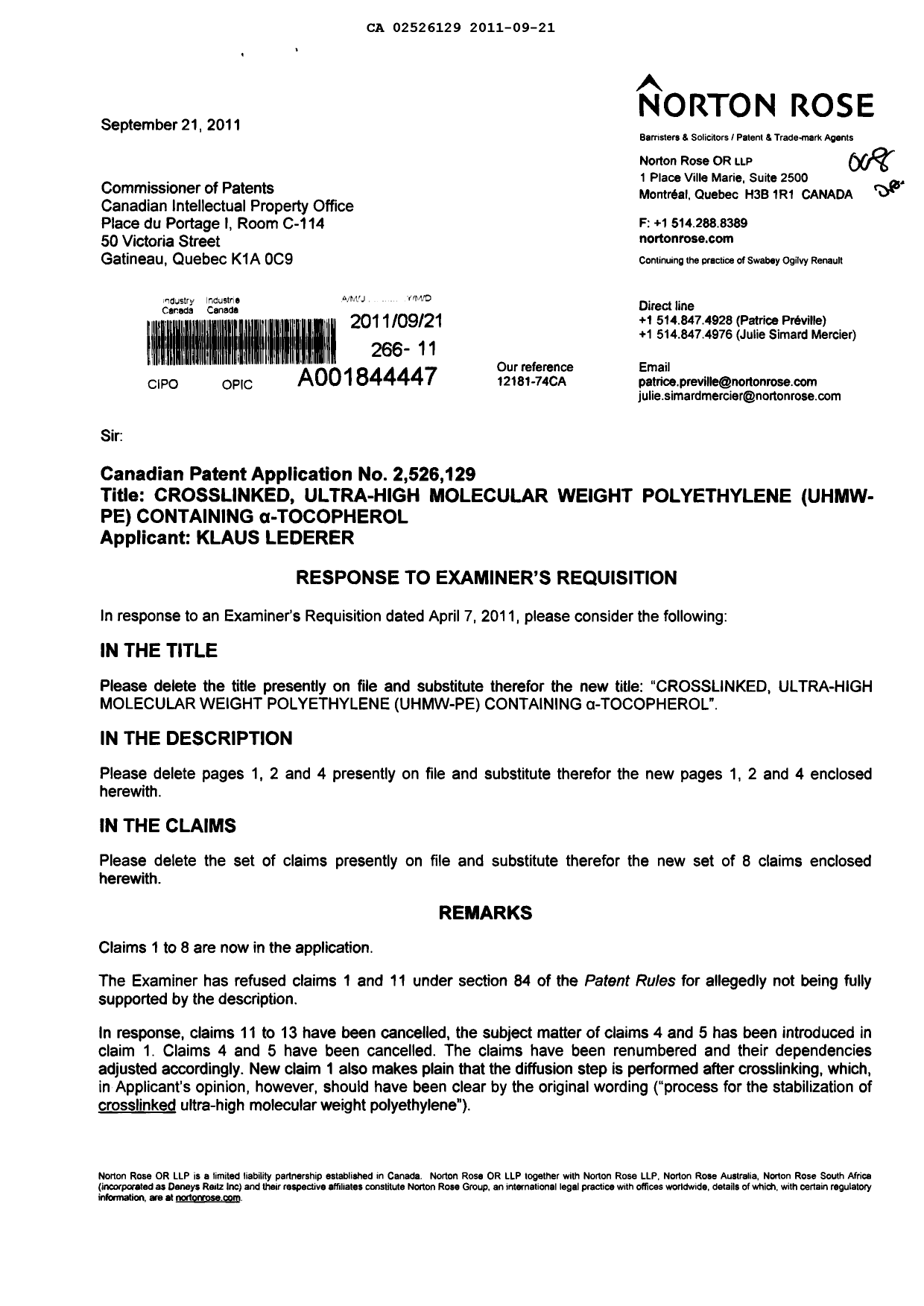 Canadian Patent Document 2526129. Prosecution-Amendment 20110921. Image 1 of 6