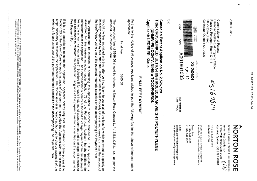 Canadian Patent Document 2526129. Correspondence 20120404. Image 1 of 2