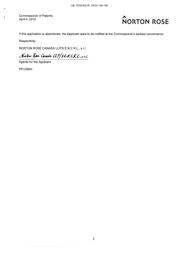 Canadian Patent Document 2526129. Correspondence 20120404. Image 2 of 2