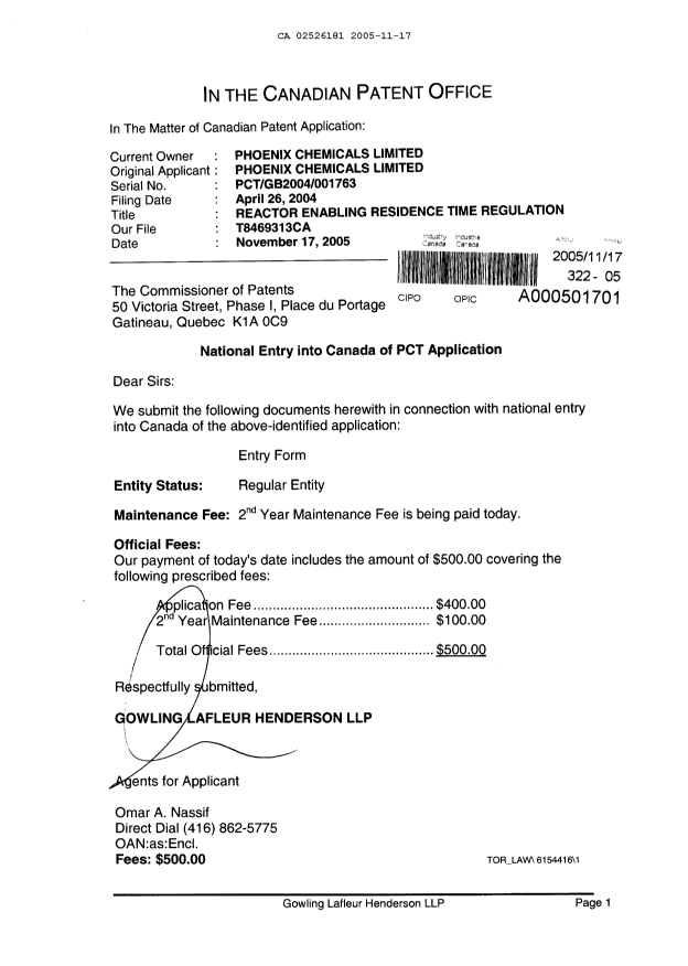 Document de brevet canadien 2526181. Cession 20051117. Image 1 de 3