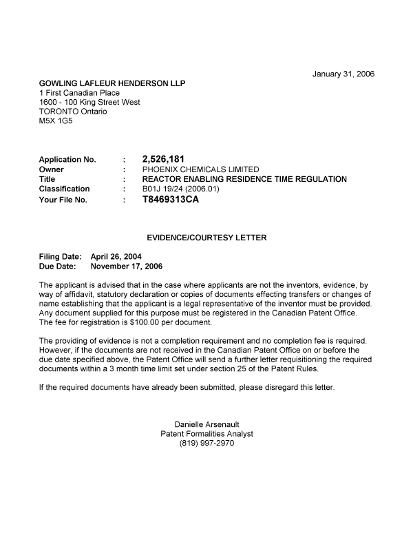 Document de brevet canadien 2526181. Correspondance 20060127. Image 1 de 1