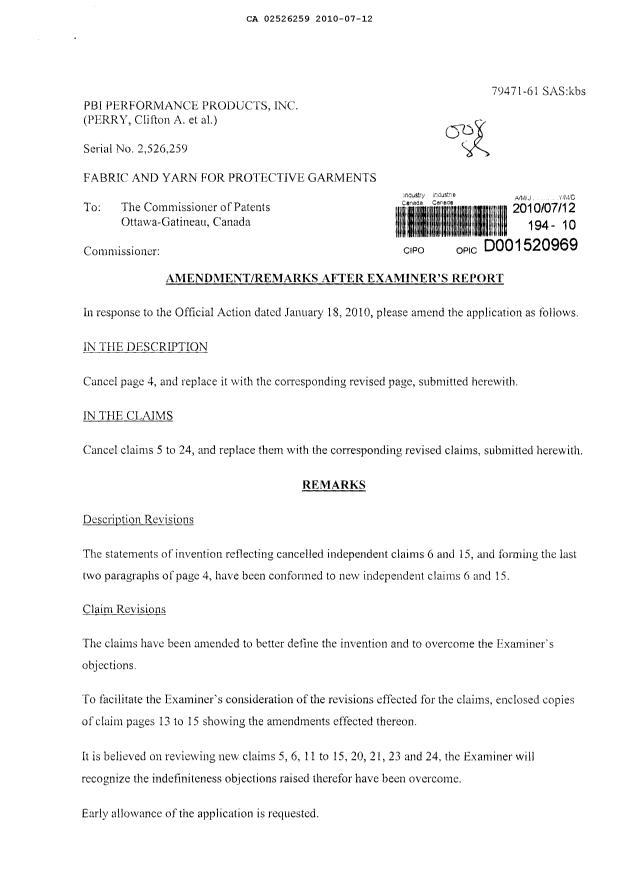 Canadian Patent Document 2526259. Prosecution-Amendment 20100712. Image 1 of 10