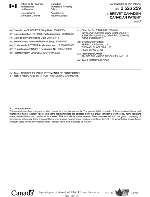 Canadian Patent Document 2526259. Cover Page 20110210. Image 1 of 1