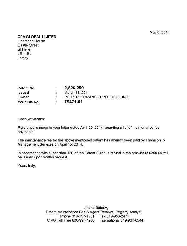 Canadian Patent Document 2526259. Correspondence 20140506. Image 1 of 1