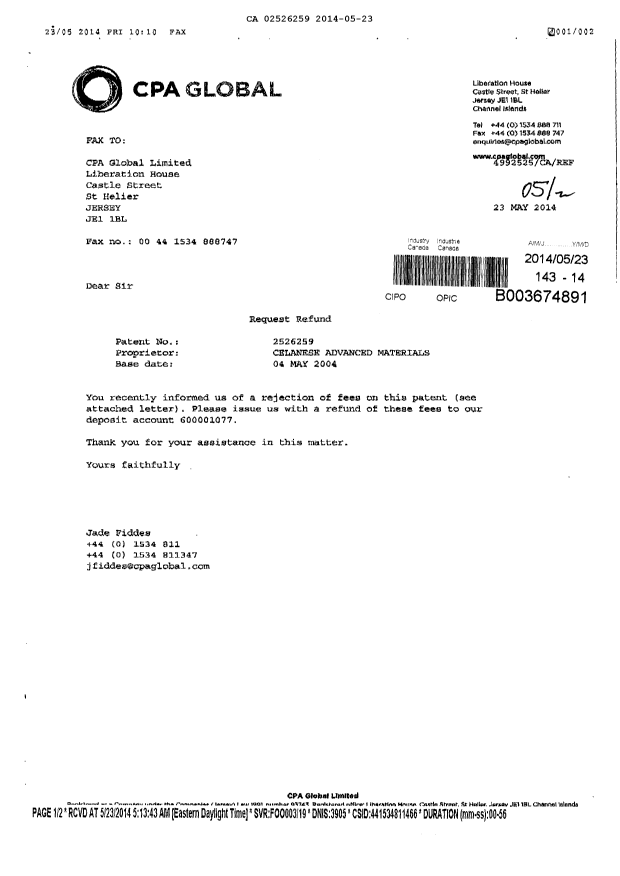 Canadian Patent Document 2526259. Correspondence 20140523. Image 1 of 2