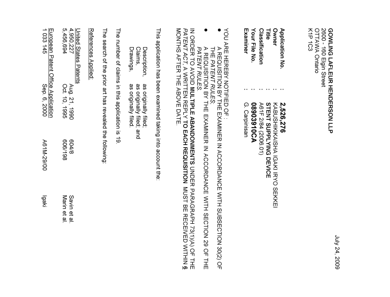 Canadian Patent Document 2526276. Prosecution-Amendment 20090724. Image 1 of 4