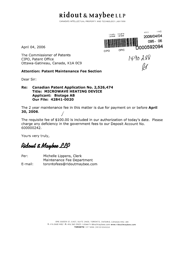 Canadian Patent Document 2526474. Fees 20060404. Image 1 of 1