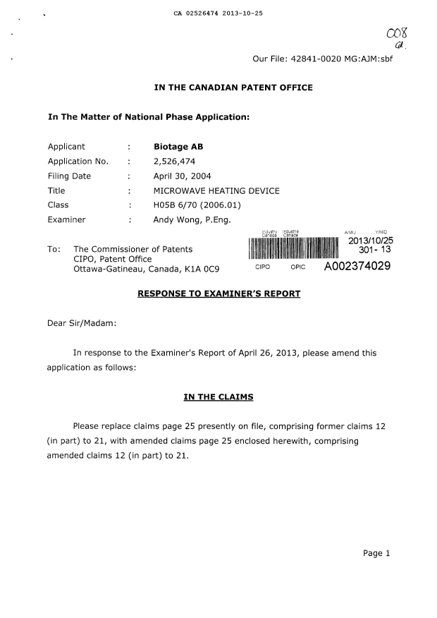 Canadian Patent Document 2526474. Prosecution-Amendment 20131025. Image 1 of 4