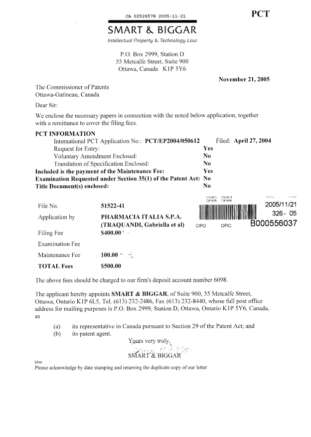 Document de brevet canadien 2526578. Cession 20051121. Image 1 de 3