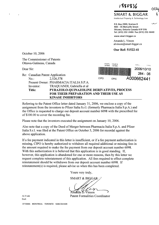 Document de brevet canadien 2526578. Cession 20061010. Image 1 de 4