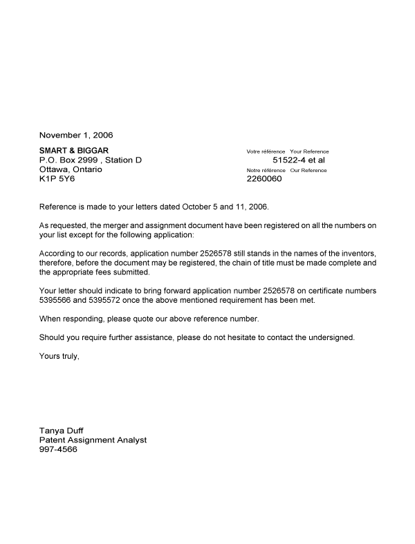 Document de brevet canadien 2526578. Correspondance 20061101. Image 1 de 1