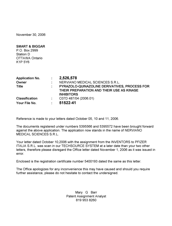 Document de brevet canadien 2526578. Correspondance 20061130. Image 1 de 1