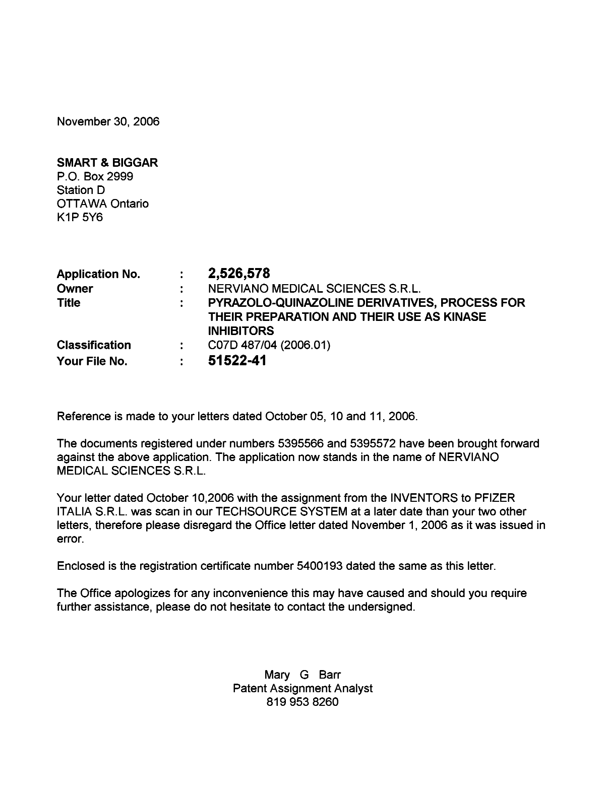 Canadian Patent Document 2526578. Correspondence 20061130. Image 1 of 1