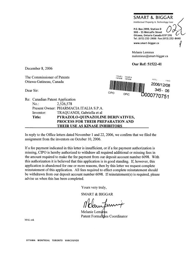 Document de brevet canadien 2526578. Cession 20061208. Image 1 de 1