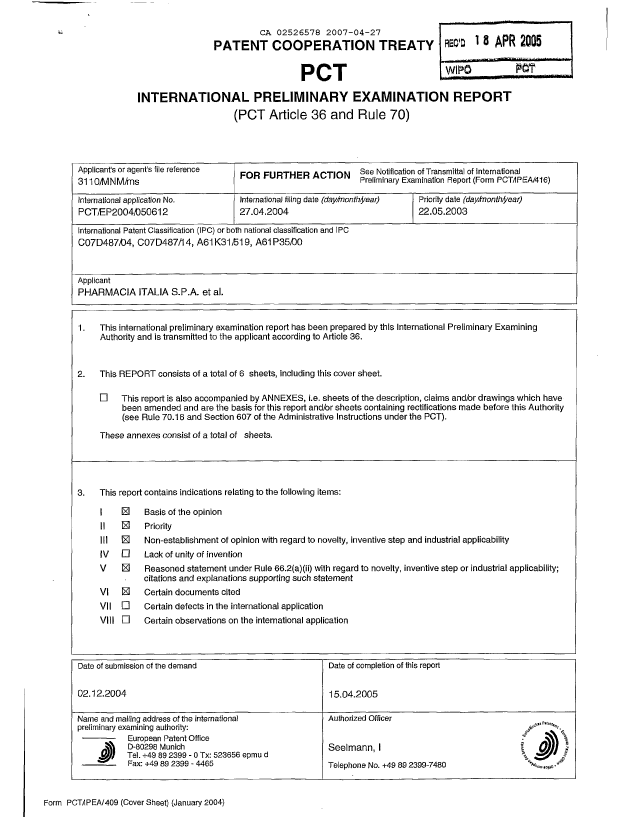 Document de brevet canadien 2526578. PCT 20070427. Image 1 de 6
