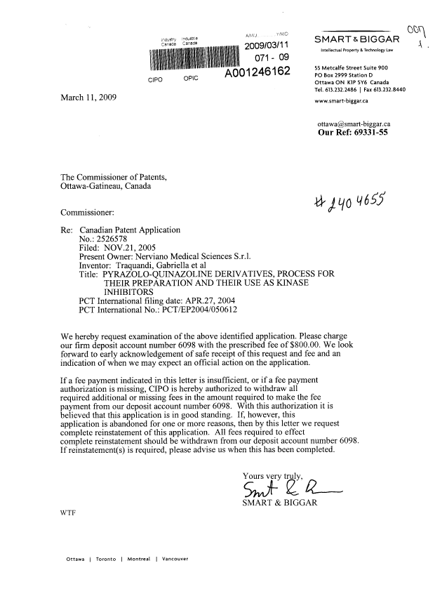 Document de brevet canadien 2526578. Poursuite-Amendment 20090311. Image 1 de 1