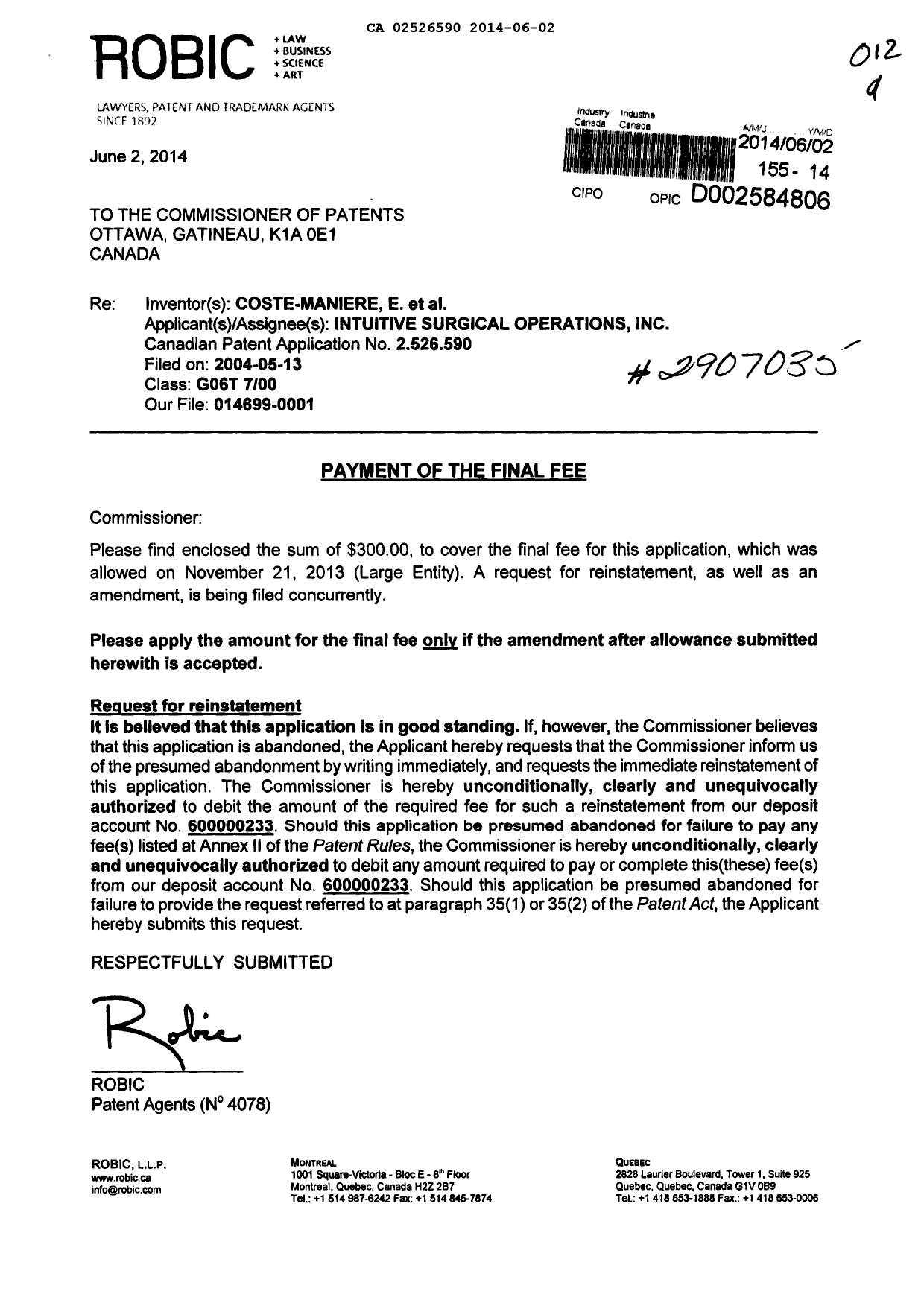 Canadian Patent Document 2526590. Correspondence 20140602. Image 1 of 2