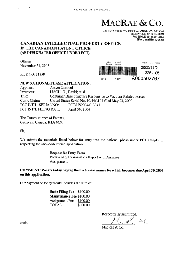 Canadian Patent Document 2526708. Assignment 20051121. Image 1 of 8