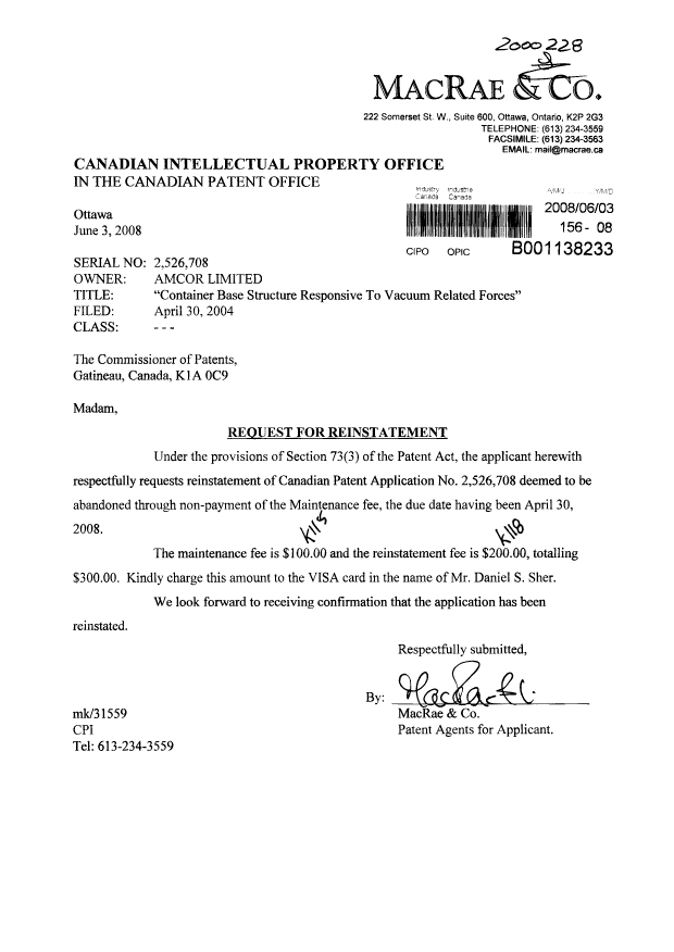 Canadian Patent Document 2526708. Fees 20080603. Image 1 of 1