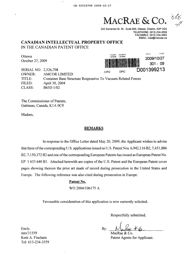 Canadian Patent Document 2526708. Prosecution-Amendment 20091027. Image 1 of 1