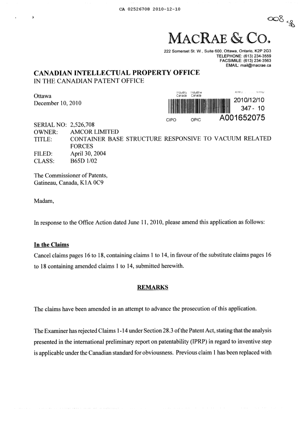 Canadian Patent Document 2526708. Prosecution-Amendment 20101210. Image 1 of 6
