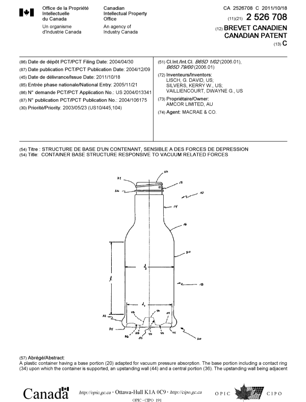 Canadian Patent Document 2526708. Cover Page 20110914. Image 1 of 2