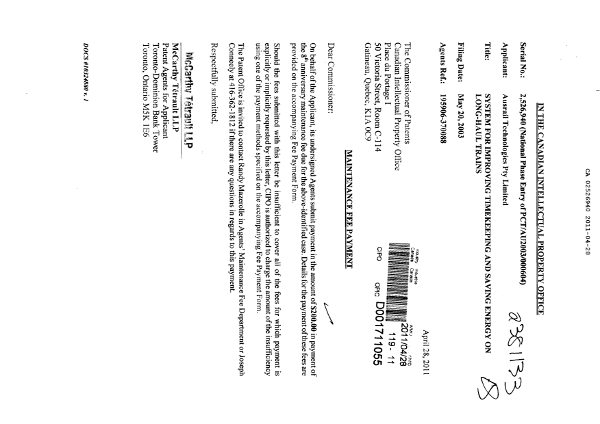 Document de brevet canadien 2526940. Taxes 20110428. Image 1 de 1