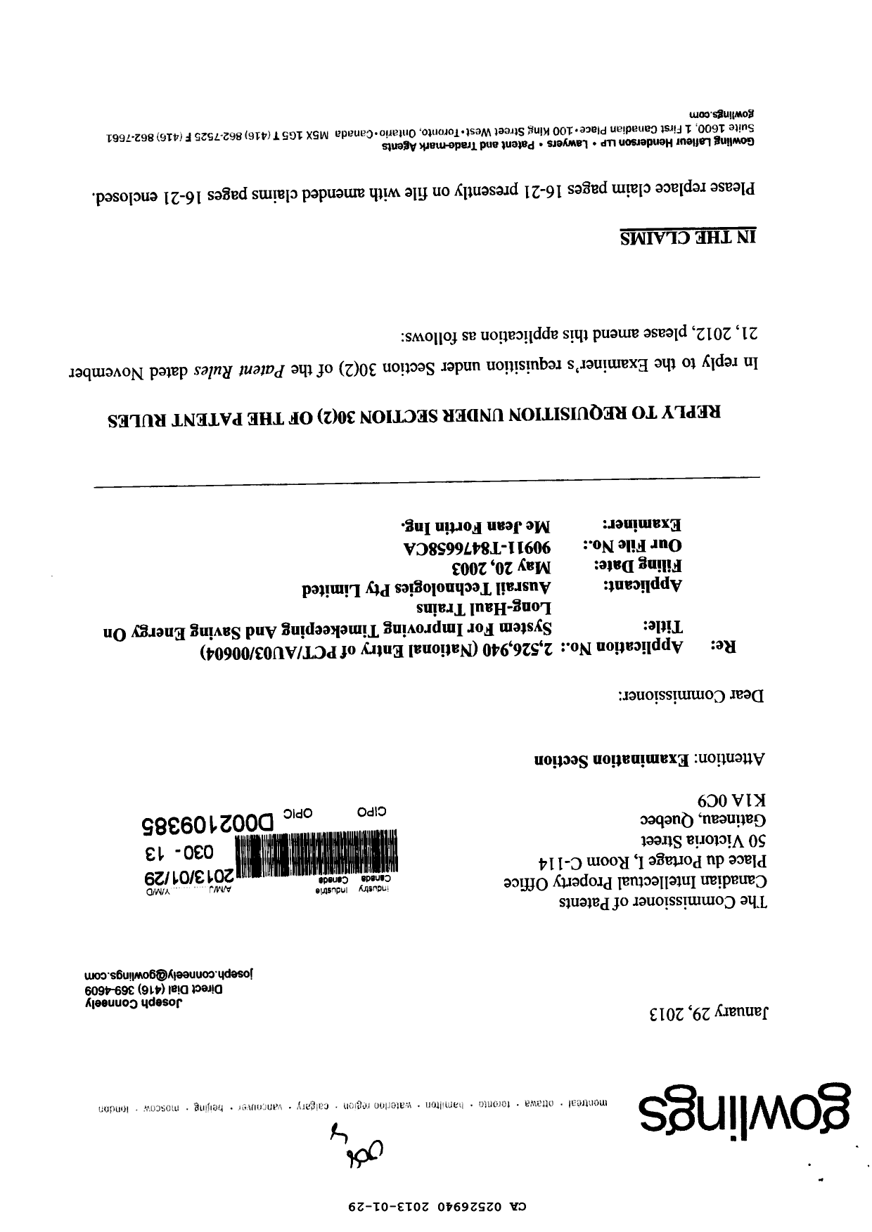 Canadian Patent Document 2526940. Prosecution-Amendment 20121229. Image 1 of 8