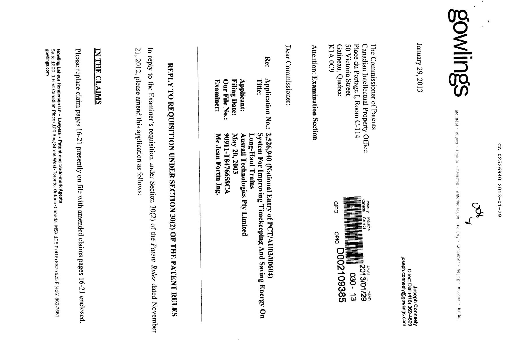 Document de brevet canadien 2526940. Poursuite-Amendment 20121229. Image 1 de 8