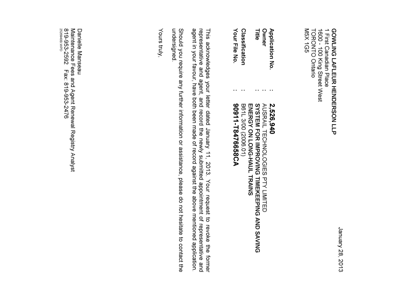 Document de brevet canadien 2526940. Correspondance 20130128. Image 1 de 1