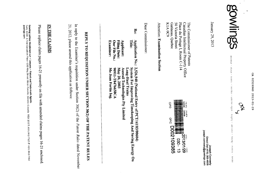 Document de brevet canadien 2526940. Poursuite-Amendment 20130129. Image 1 de 8