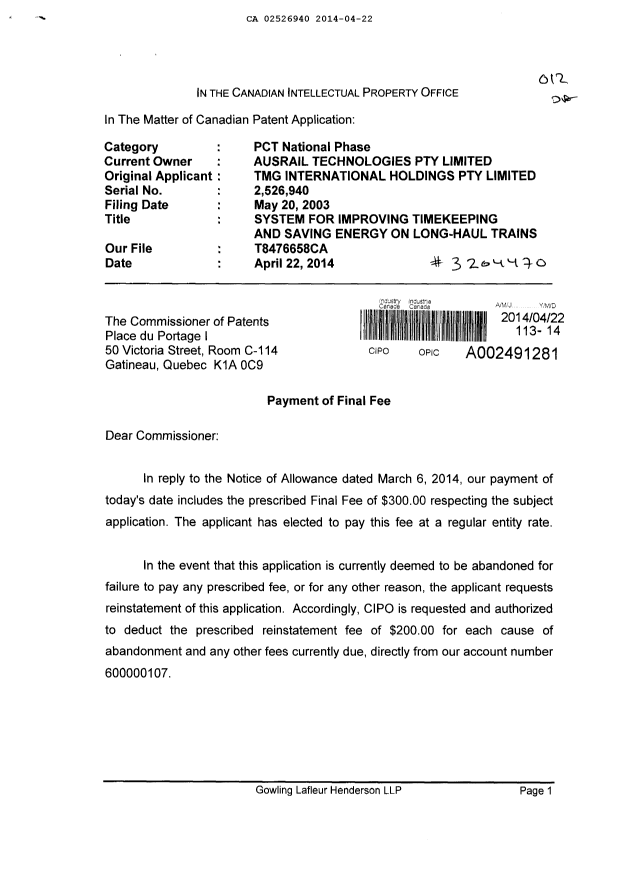 Canadian Patent Document 2526940. Correspondence 20140422. Image 1 of 2