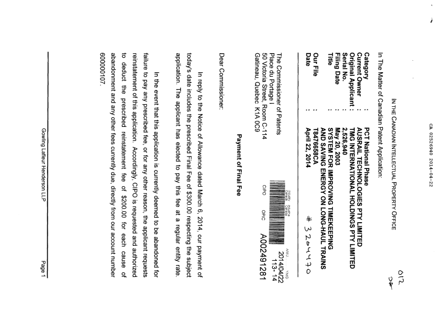 Document de brevet canadien 2526940. Correspondance 20140422. Image 1 de 2